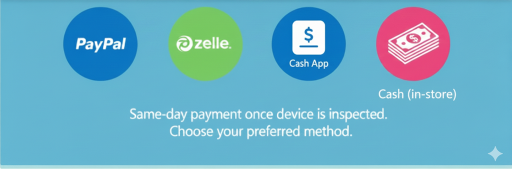 Step 3 Get Paid Fast sell my phone Paypal, Zelle, Cashapp or Cash (in store) how its work